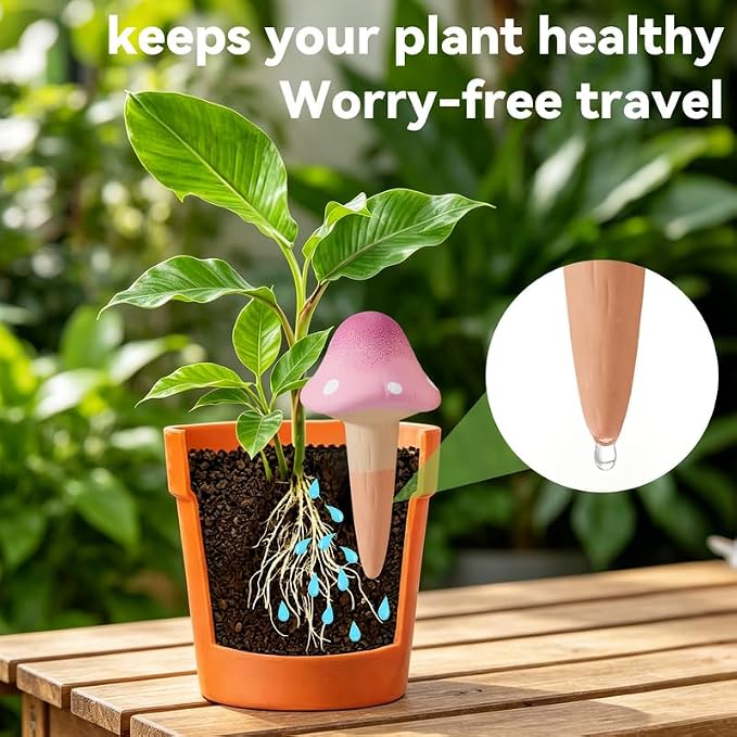 Yeswhat Self Watering Plant Spikes 4 Pack, Terracotta Mushroom Automatic Plant Waterer for Indoor Outdoor Plants, Slow Release Watering Stakes, Vacation Watering Devices for Potted Plants Garden Decor