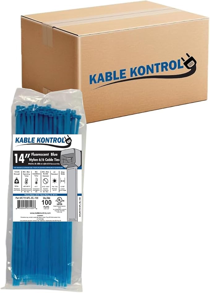 Kable Kontrol Fluorescent Blue Zip Ties 14 Inch 6,000 Pcs, 50 Lbs Tensile Strength, Bulk Pack, Self-locking Nylon Colored Cable Ties Wire Wraps for Indoor or Outdoor Use