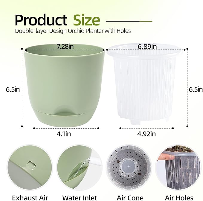 QCQHDU 7.2Inch Orchid Pots with Holes for Repotting, Double-Layer Plastic Self Watering Flower Pots for Indoor Plants with Drainage Holes, Clear Orchid Pot Match Decorative Orchid Container, 5 Packs