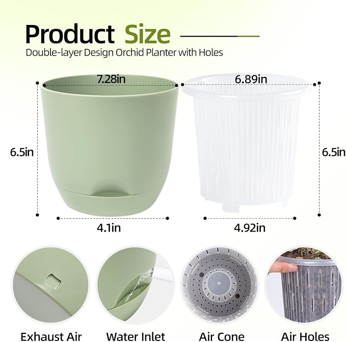 QCQHDU 2 Pack 7.2 Inch Orchid Pots with Holes for Repotting, Double-Layer and Self Watering Orchid Pot with Good Air Circulation