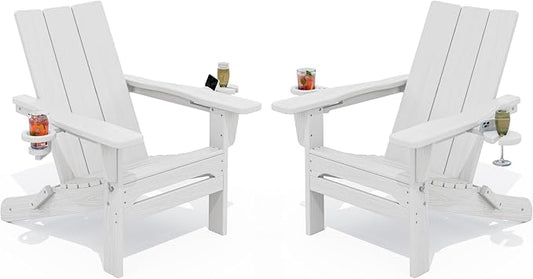 SERWALL Modern Folding Adirondack Chair Set of 2, All Weather Resistant Outdoor Adirondack Chair with Cup Holders, HDPE Adirondack Chair for Patio Lawn Garden, White