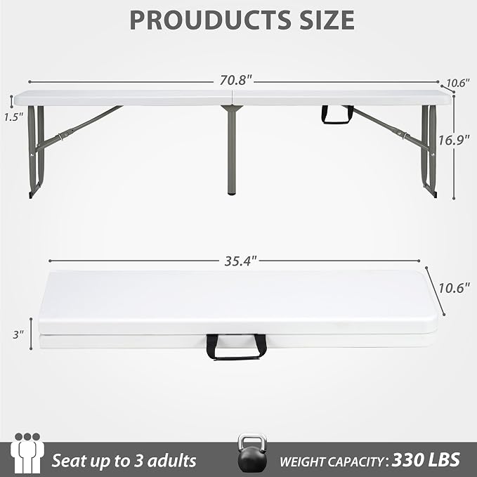 6ft Plastic Folding Bench with Carrying Handle & Lock, Portable Outdoor Bench in Garden Picnic Camping Dining Party Seat, Waterproof Bench for Soccer Activities, Firm and Durable (2Pack C)