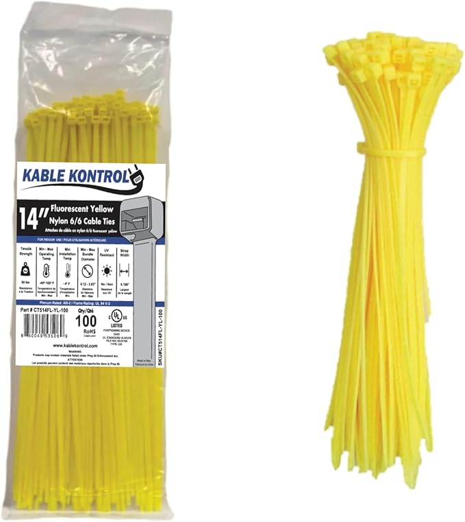 Kable Kontrol Fluorescent Yellow Zip Ties 14 Inch 100 Pcs, 50 Lbs Tensile Strength, Self-locking Nylon Colored Cable Ties Wire Wraps for Indoor or Outdoor Use…