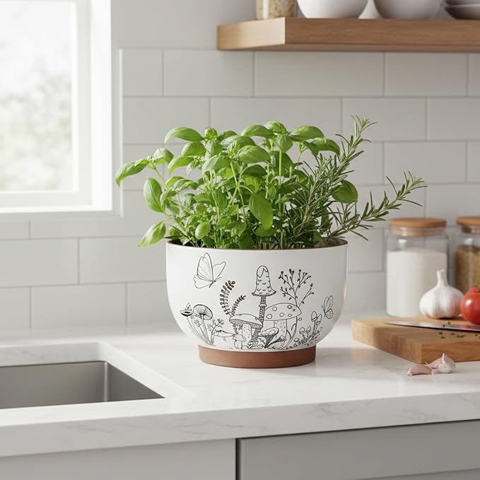 YBX 8 Inch & 6 Inch Terracotta Pots, Plant Pots, Flower Pots for Indoor Plants with Drainage, Planters with Mushroom Accent for Indoor Plants (Cottage)