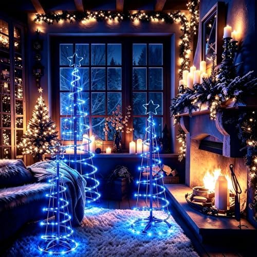 3 Packs Christmas Spiral Tree with Lights, 3/4/5 FT Lighted Xmas Collapsible Tree with Metal Stakes for Indoor & Outdoor, Yard, Porch, Garden Holiday Decor (Blue, 3-4-5 FT) - Image 7