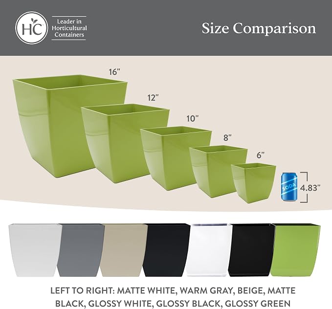 The HC Companies 8 Inch Aria Square Self Watering Planter - Plastic Plant Pot for Indoor Outdoor Plants Flowers Herbs, Matte White