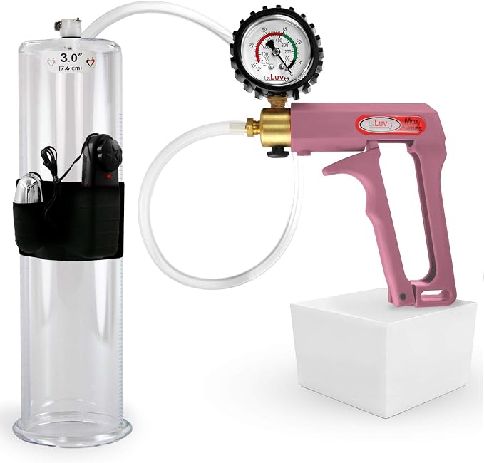 LeLuv Vibrating Penis Pump Maxi - Pink Nylon Handle + Protected Gauge - Bundle with Clear Hose - 12 inch Length x 3 inch Diameter Cylinder