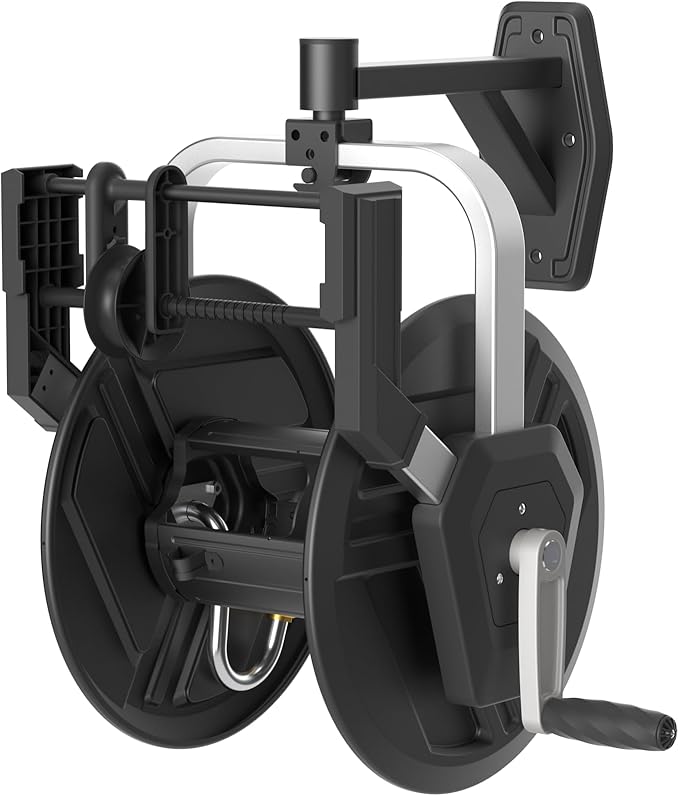 Giraffe Tools Garden Hose Reel Wall Mount, 125FT 5/8" Hose Capacity, Heavy Duty Water Hose Reel for Outside, Retractable Hose Guide with Crank, 210° Swivel, for Yard Lawn Garage