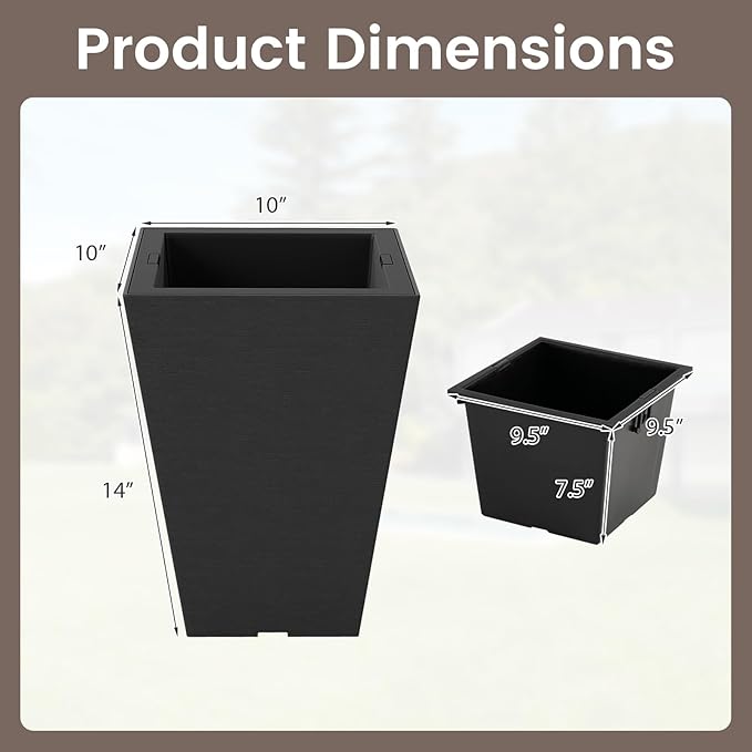Giantex Square Taper Planter Set of 2, 10"x10"x14" Self-Watering Flower Pots with/Removable Inner Bucket & Drainage Holes, Indoor Outdoor Decorative Plant Container for Porch Balcony, Black