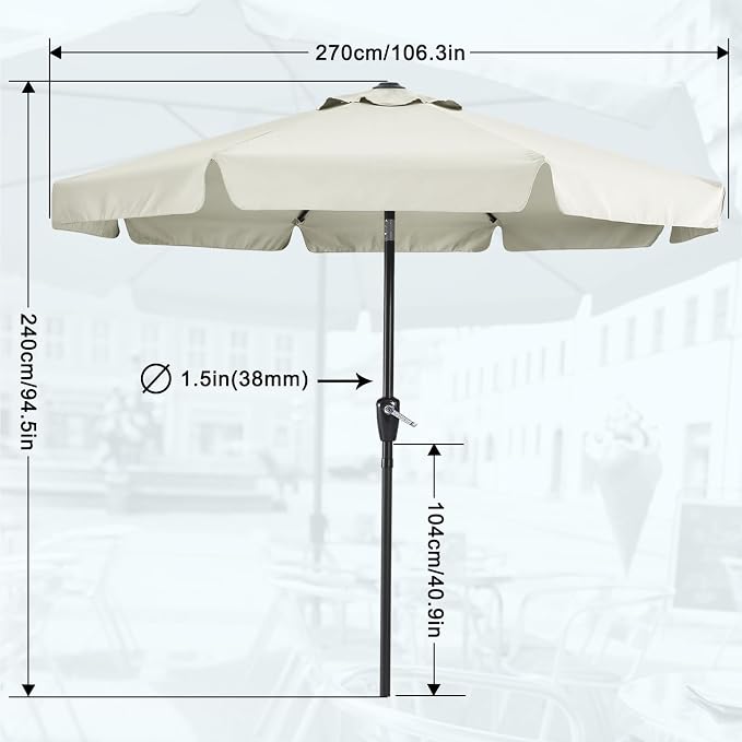 MASTERCANOPY 9ft Patio Umbrella with Valance, Crank and Tilt – 8 Ribs Outdoor Market Umbrella, UV/Fade Resistant, Waterproof Canopy with Wind Vent for Garden, Deck, Backyard, Pool (Light Beige)