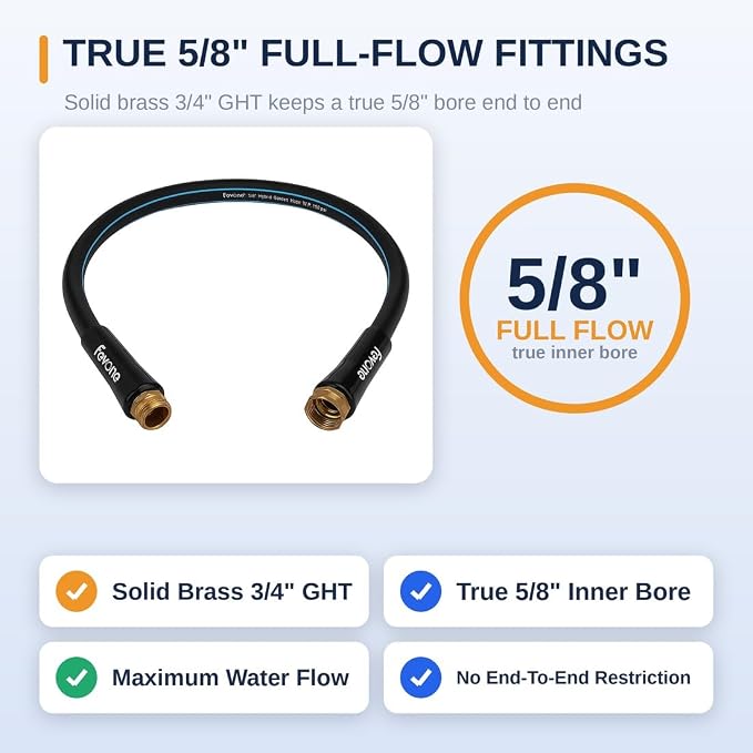 FEVONE 3 ft Lead-in Garden Hose, Leader Hose for Hose Reel | Hybrid Polymer, Flexible, Heavy Duty Water Hose, 5/8 ID, 600 PSI, Leak-Proof, Solid Brass 3/4 GHT Connectors