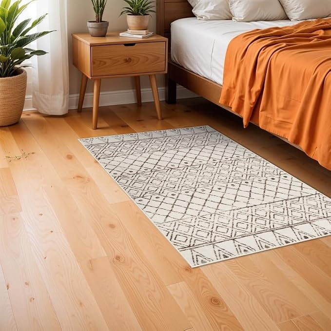 2x3 Small Rug Washable Rug: Moroccan Kitchen Low Pile Area Rugs Beige | Non Slip Geometric Indoor Mat with Rubber Backing Soft Area Rug Pet Friendly for Entryway Front Door Bedroom