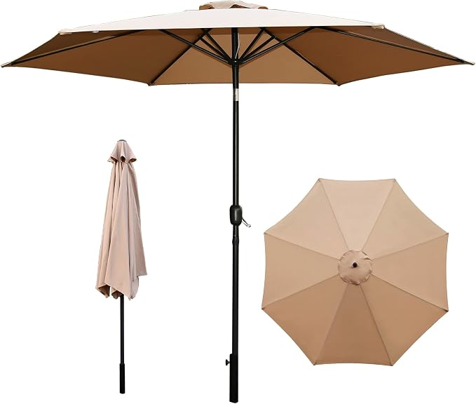 10ft Patio Table Umbrella, 6 Sturdy Ribs with Push Button Tilt, Easy Close Open Crank, Outdoor Furniture for Garden Lawn Deck Pool Beach, Weatherproof Fabric