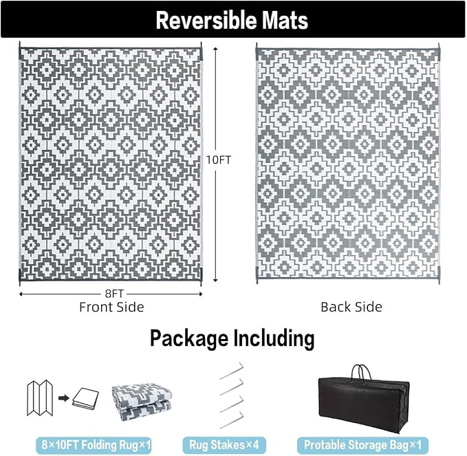 HUGEAR Outdoor Plastic Straw Rug, Waterproof Outdoor Rugs for Patios Clearance, Reversible Area Rug, Large Outside Carpet for Camping, Balcony, RV, Deck, 8x10ft Geometric/Gray&White