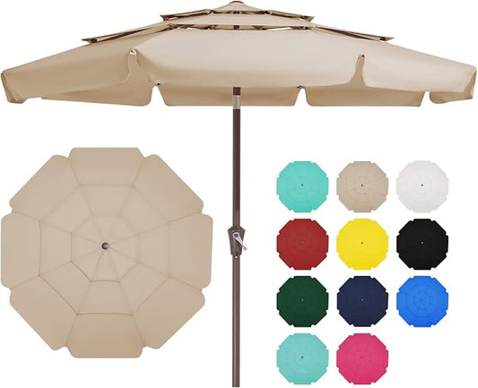 JEAREY 3 Tiers 9 FT Patio Umbrellas Outdoor Table Umbrella with Push Button Market Umbrella 8 Sturdy Ribs UV Protection Waterproof for Garden,Beige