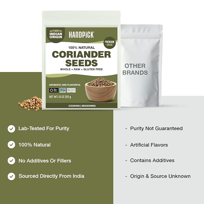 HANDPICK Whole Coriander Seed (283g/10oz) Premium Grade | Pure & Flavorful Coriander Seeds - Indian Origin | Non GMO, Gluten Free | Perfect for Cooking & Seasoning | Resealable (Packaging may vary)