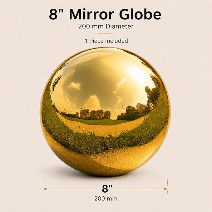 Gazing Ball Garden Mirror Outdoor - 8 Inch Outside Decorative Globe, Gold | Metal Polished Reflective Sphere, Stainless Steel Hollow Decoration Ornament for Home Pond Swimming Pool Housewarming Gift
