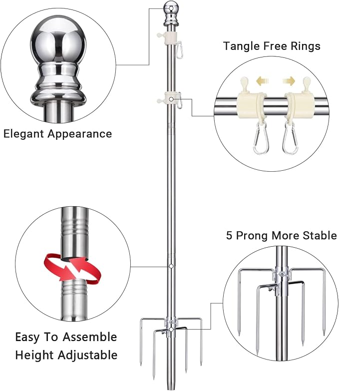 Flag Pole for Outside House in Ground - 9 ft Adjustable,5 Pronges Stake Base - Heavy Duty Inground Flag Pole Kit for Front Yard Garden Outdoor Camper, 1" Portable Flagpoles Residential Stand