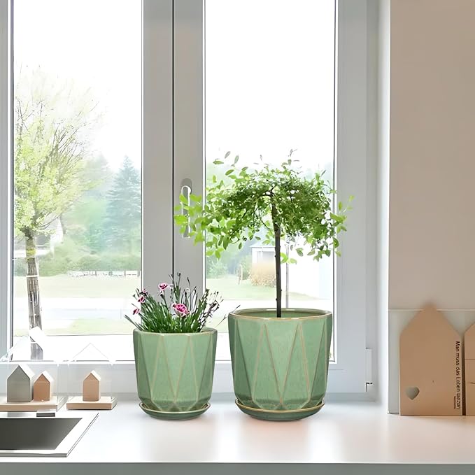 Oairse Ceramic Pots for Plants, 8+6 inch Plant Pots with Drainages Holes & Saucers Large Sage Green Ceramic Planters Decorative Flower Pot for Indoor Plants Outdoor Inoor