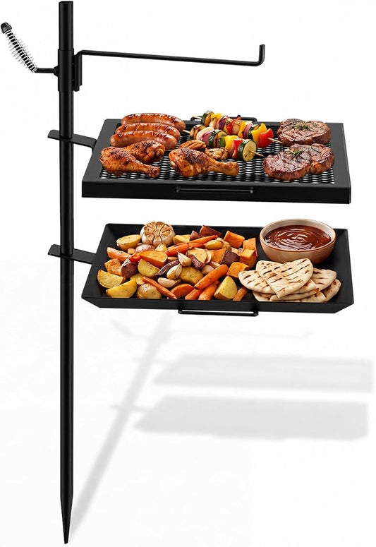 18.5" x 16" Fire Pit Campfire Grill Grate, Portable Open Fire Cooking Grill Grate Round Camping Cooking Barbecue Rack Heavy-duty, Easy Setup & Adjustable Height for Outdoor Camping BBQ