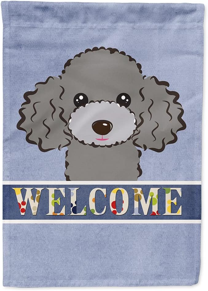 Caroline's Treasures BB1445CHF Silver Gray Poodle Welcome House Flag, Blue Large Porch Sleeve Pole Decorative Outside Yard Banner Artwork Wall Hanging, Polyester, House Size, Multicolor