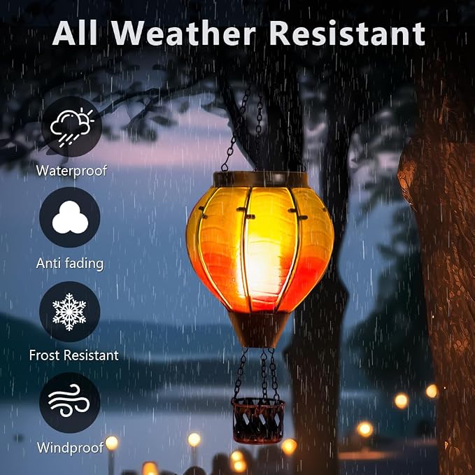 Hot Air Balloon Solar Lantern Flickering Flame | Gradient Color, Handmade Glass, , Waterproof Outdoor Lantern, Decor for Patio, Garden, Porch