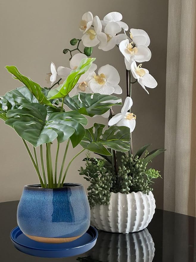 Yukfona Ceramic Plant Saucer Tray 2 Pcs 7 Inch Blue, 7" OD x6.8 ID x0.9 Deep| Fits Flower pots Bottom≤ 6.8", Heavy Duty Glazed Round Planter Drip with Catch Basin for Indoor Outdoor Plants