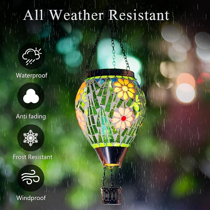 Hot Air Balloon Solar Lantern for Garden, Yard, Patio Decor | Handmade Glass, Hanging Outdoor Lanterns Waterproof, Decorative Solar Light