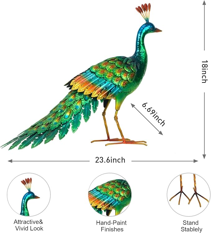 chisheen Metal Peacock Statue Garden Decor Yard Art Sculpture Gift for Women(Green)