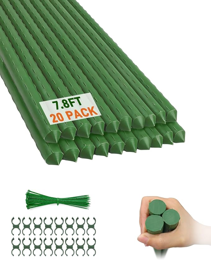 20 Pack 8FT Garden Stakes with Clips & Ties, 0.78" Steel Core Plastic Covered Plant Support Stakes for Tomatoes, Vegetables & Climbing Plants