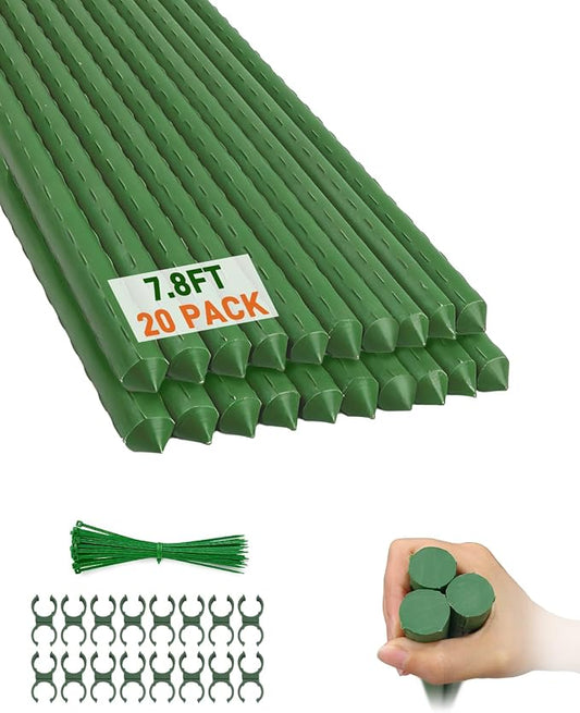 20 Pack 8FT Garden Stakes with Clips & Ties, 0.78" Steel Core Plastic Covered Plant Support Stakes for Tomatoes, Vegetables & Climbing Plants