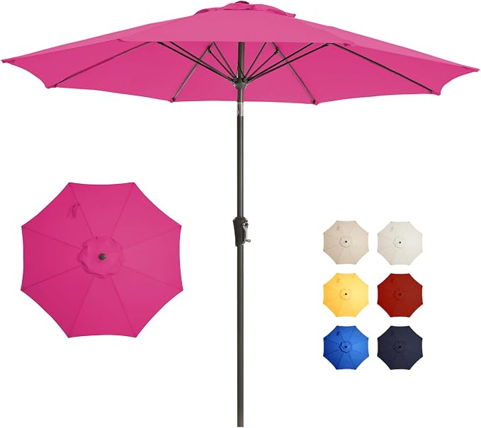 9FT Large Outdoor Patio Umbrella Pool Market Umbrella-UV Resistant, Easy Push Button Tilt and Crank, 8 Sturdy Ribs Heavy-Duty Table Umbrella for Deck, Backyard, Garden (Pink)