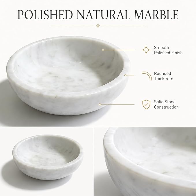 White Marble Decorative Bowl, 5.9-Inch Small Natural Stone Catchall Dish for Keys, Rings, Jewelry and Trinkets, Entryway Table, Vanity, Nightstand and Dresser Decor