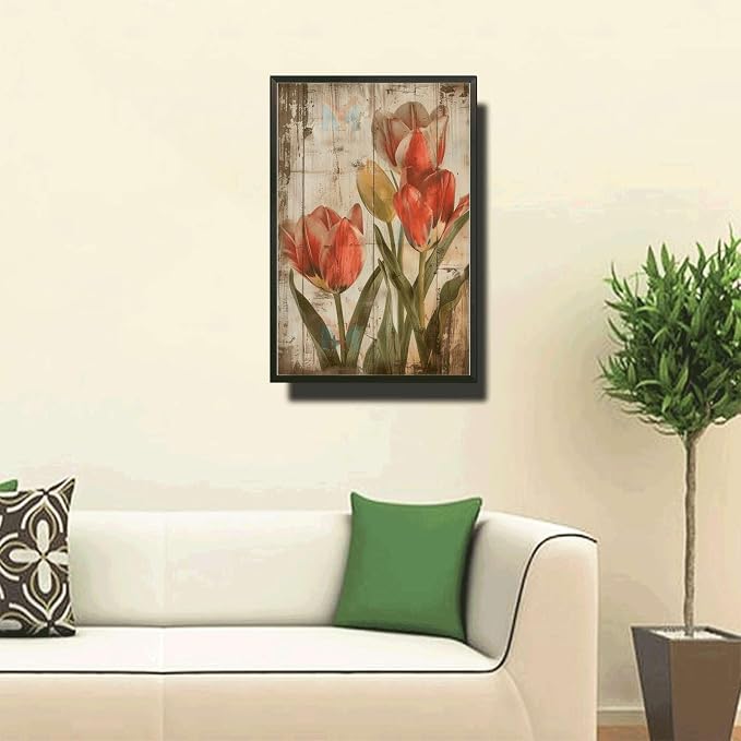 Metal Sign Tin Sign Vintage Wall Art Shabby Chic Tulips Tin Sign for Rustic Elegance Vintage Style and Distressed Wood Panels Tin Sign Garden Gift for Pub 6×8 Inches with Metal Frame