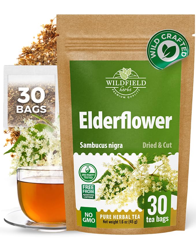 30 Bags Elderflower Herbal Tea (Sambucus Nigra) - 30 Count 1.5g Bags Dried Elder Flowers Herb Tea