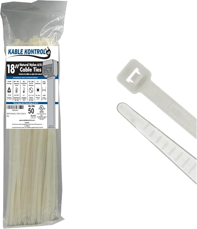 Kable Kontrol Heavy Duty Cable Zip Ties 50 Pcs 18 Inch, Natural White, 120 Lbs Tensile Strength, Self-Locking Nylon Clear Plastic Wire Ties Wraps for Indoor or Outdoor Use