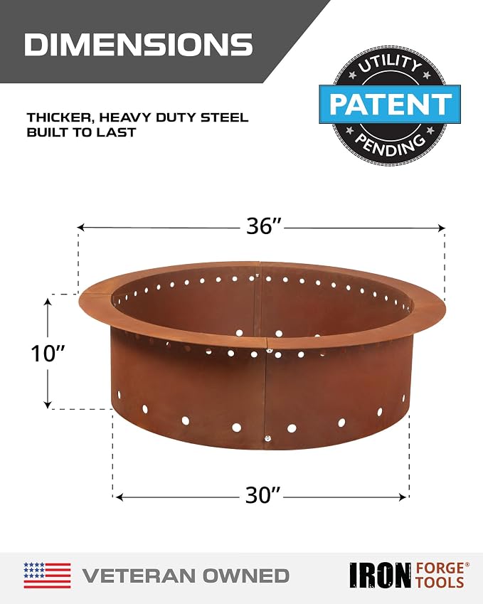 Iron Forge Tools Smokeless Outdoor Fire Pit Ring Insert 36 Inch Round | heavy duty corten steel, permanent fire pit rings, backyard bonfire, smokeless firepit, 30 inch inner ring, pit liner insert