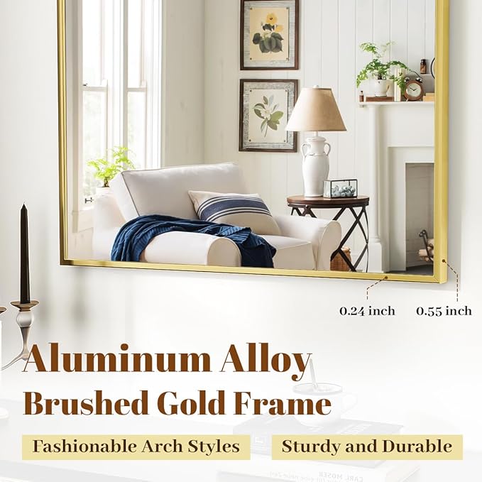 Arched Wall Mirror, 26 x 28 inch Arch Bathroom Mirror, Wall Mounted Vanity Mirror with Arch Metal Frame, Modern Bathroom Vanity Mirror for Bedroom, Living Room, Hanging or Leaning, Gold