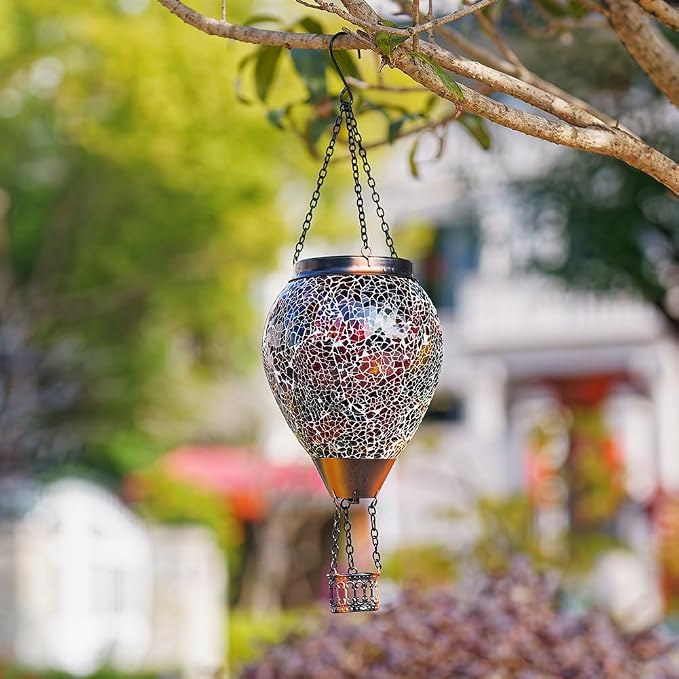 Hot Air Balloon Solar Lantern with Flame | Handmade Glass, Flickering Flame, Waterproof Outdoor Lantern, for Patio, Garden, Porch, Red & Brown