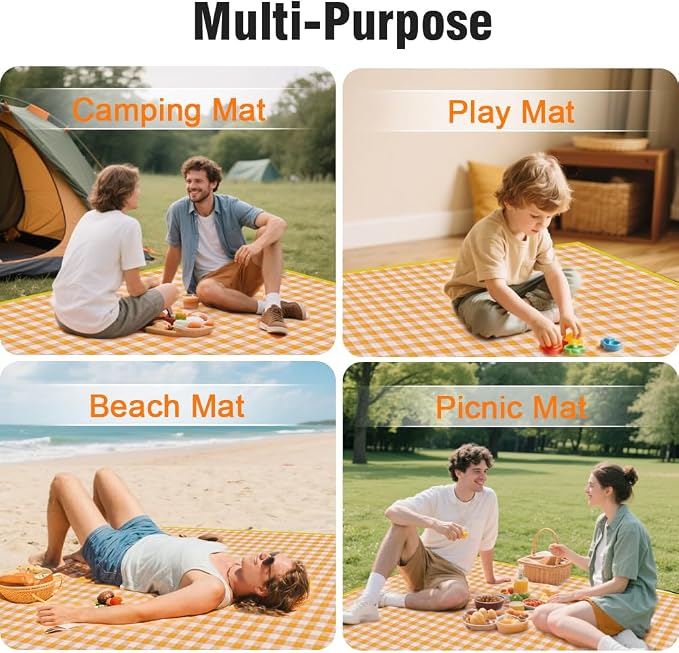 JEPELUS Outdoor Picnic Blanket Waterproof, 79 x 79 Inch Large Picnic Mat Oxford Fabric, Gingham Foldable Beach Blankets Mats for Camping Park Grass Lawn Hiking Family Concerts (Yellow)