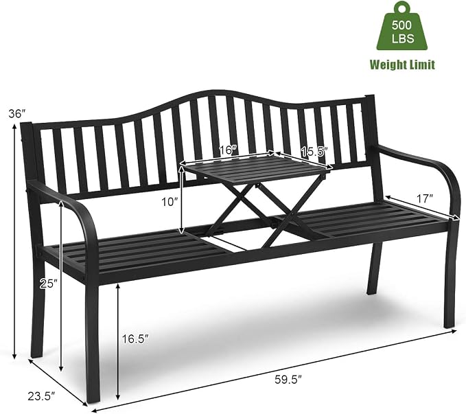 Giantex Outdoor Bench with Pullout Middle Table, 500Lbs Capacity, Outside Loveseat Chair, 2-3 Person Patio Seating, Metal Garden Benches for Front Porch Pool Deck Outside (Black)