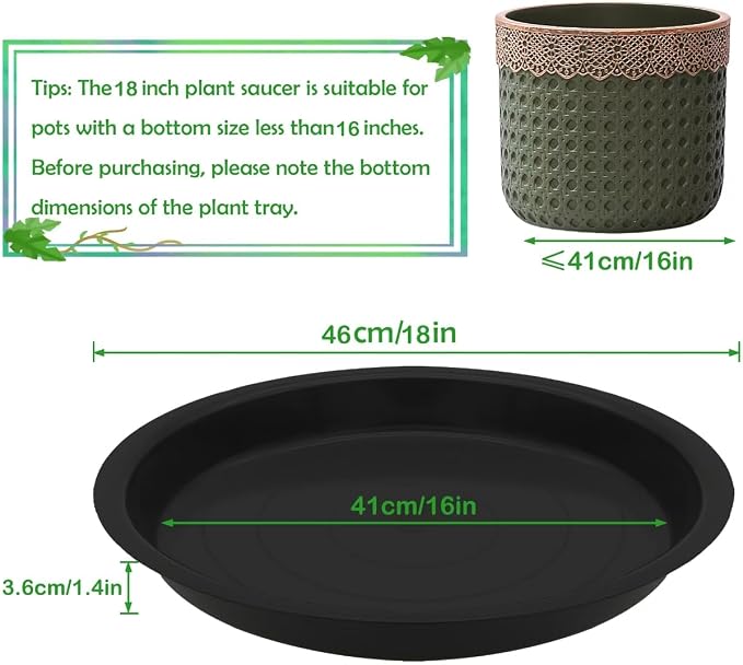 8 Pack 18 Inch Round Plant Saucers for Less 16 Inch Pot Indoors Outdoors Plant Trays for Pots Planter Saucer Plastic Drip Tray Planter Water Tray (Black, 18"(8pcs))
