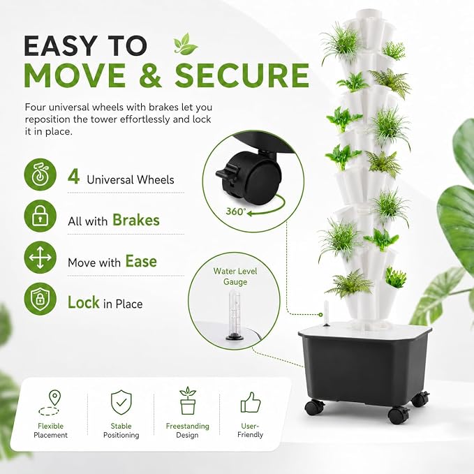 12-Tier 60-Hole Indoor Hydroponic Grow Tower, Vertical Garden System with 6.6Gal Tank & Water Pump, Self-Watering for Herbs, Lettuce, Strawberries, Space Saving Indoor Gardening for Home, Apartment