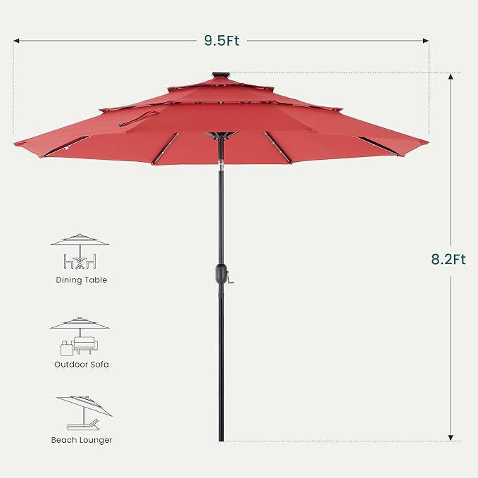 DUMOS Outdoor Solar Patio Umbrella 3 Tiers with 32 LED Lights, Beach Market Table Umbrella with Crank and 8 Sturdy Ribs for Pool, Terrace, Restaurant
