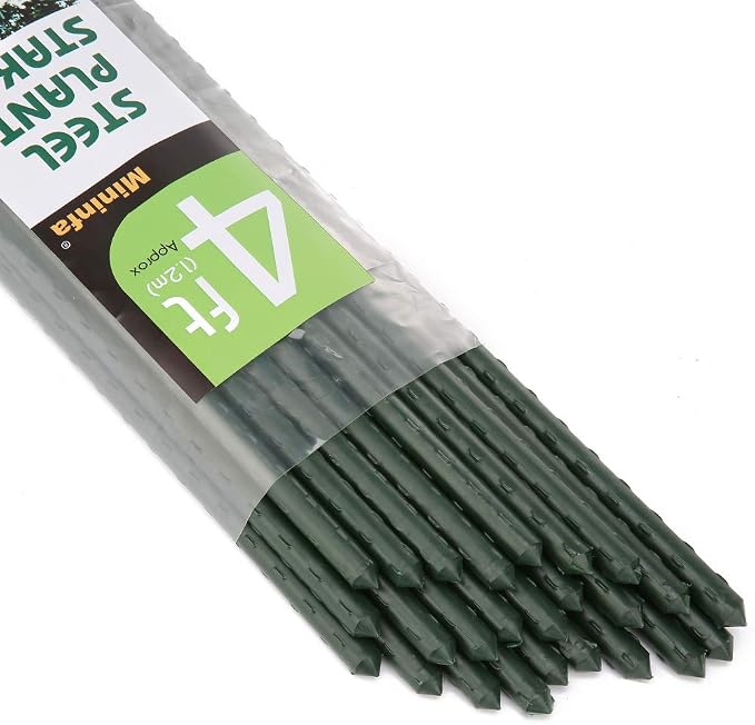 Mininfa Steel Plant Stakes 4 Feet, Plastic Coated Metal Garden Stakes Supports Climbing for Tomatoes, Trees, Beans, 25 Pack