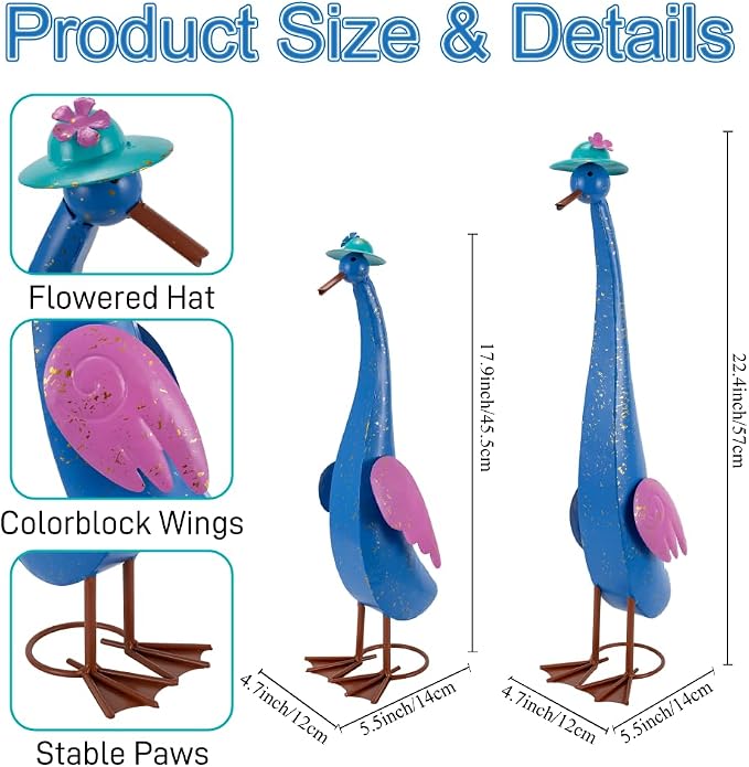 22" Duck Garden Statue Set of 2 Metal Ducks | Outdoor Statues Rustproof Yard Art Porch Animals Lawn Ornament Garden Sculptures Decor for Outside Patio Backyard