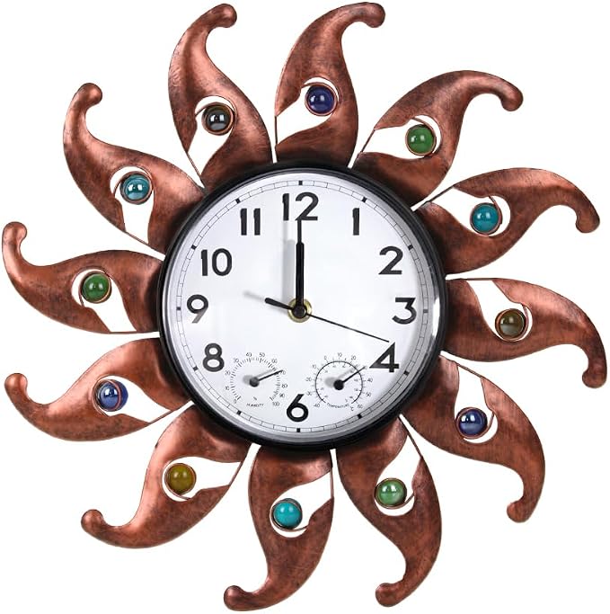 Sun Outdoor Clock with Thermometer & Humidity | Silent No-Ticking, Wall-Mounted Clock Waterproof for Patio, Garden, Home Decor, Brown