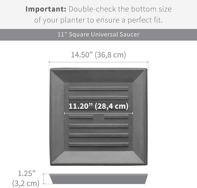Crescent Garden Universal Square Plant Saucer, Premium Durable Drip Tray for Square Planter, Heavy-Duty Plastic Drainage Dish, Indoor/Outdoor Flowerpot Saucer - 11'' inner x 14.5" outer (White)