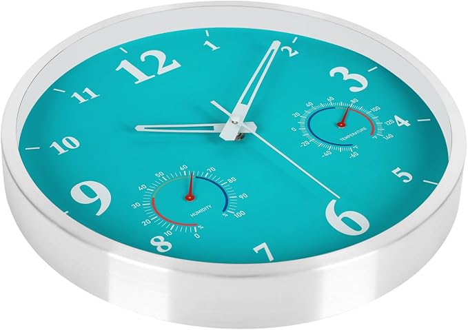Outdoor Clock Waterproof with Thermometer and Hygrometer Combo, Outdoor Metal Wall Clock for Garden Patio Pool 12 Inch Blue