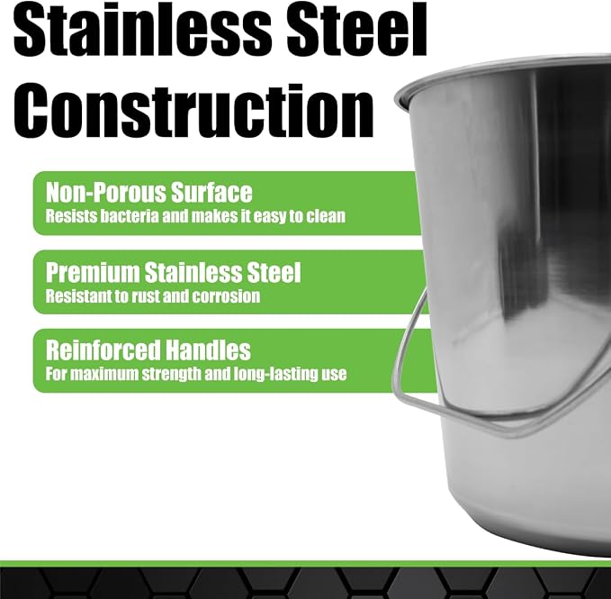 Grip Stainless Steel Bucket (5 Gallon)- Great for Pets, Cleaning, Food Prep - Hang on Fences, Cages, Kennels - Home, Garage, Workshop